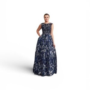 Navy Floral Lace Ball Gown Prom Dress